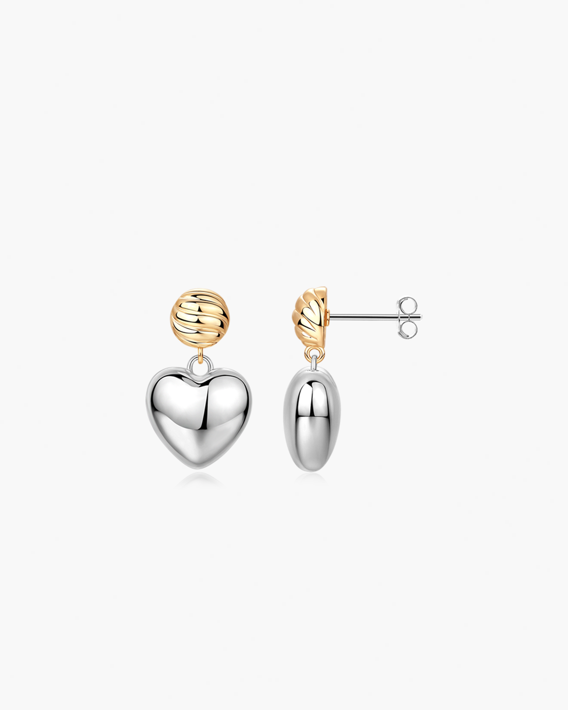 Pair of earrings with heart and cylindrical designs on a white background