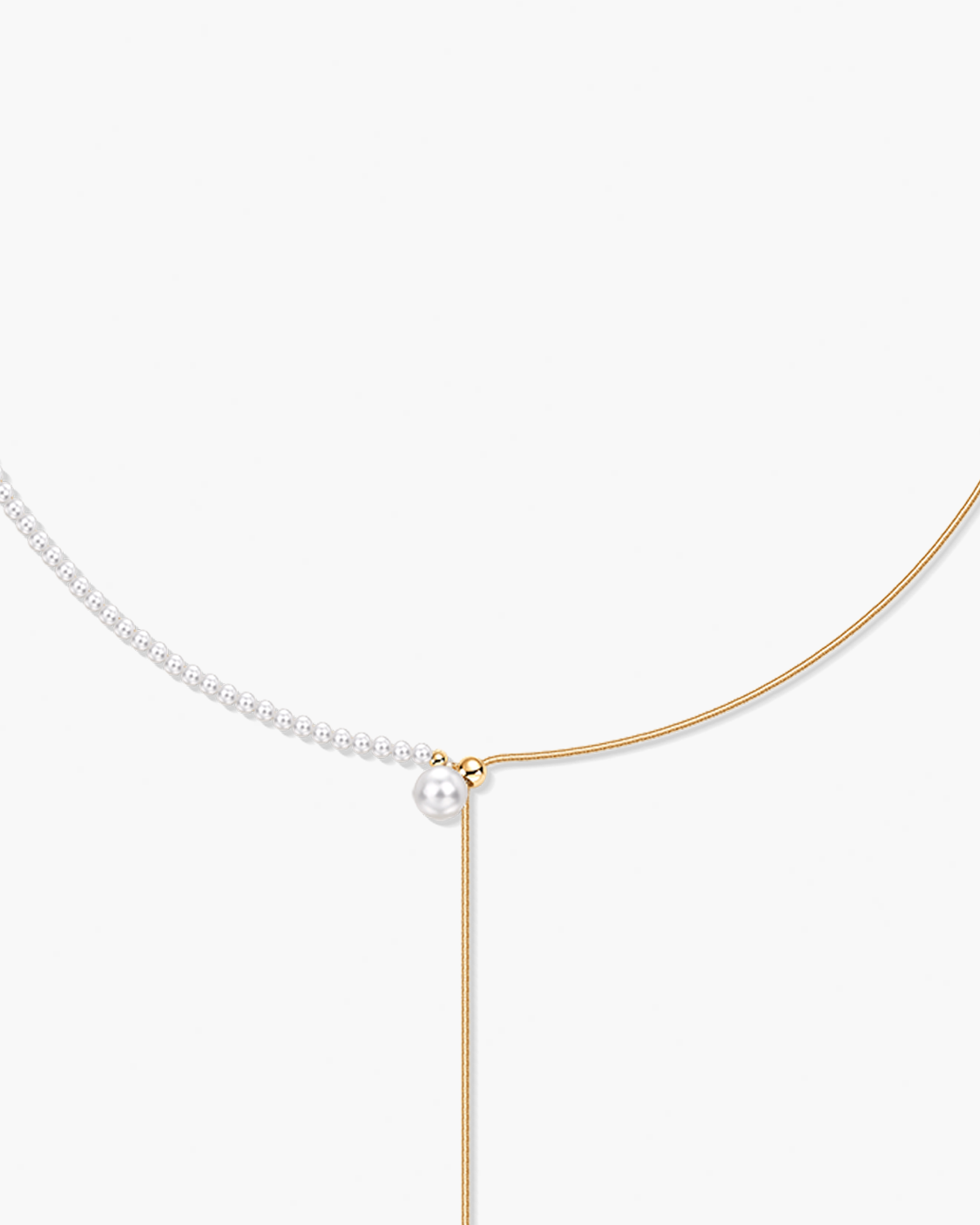 Gold necklace with half pearl half chain on a white background