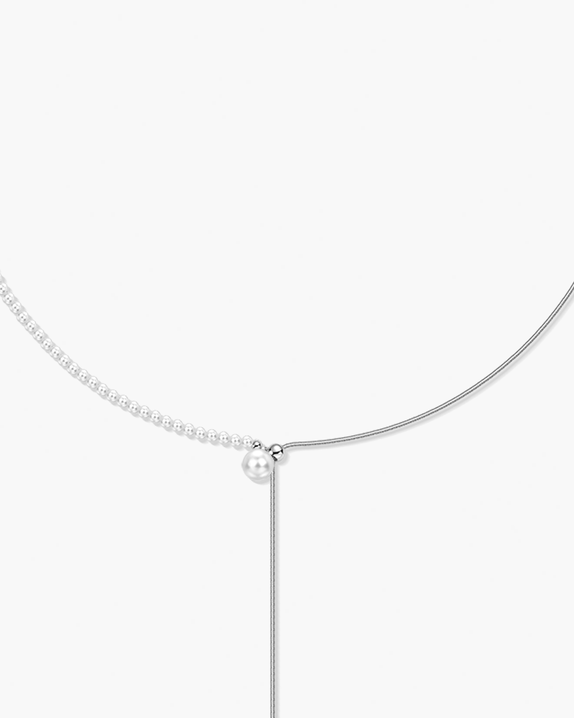 Delicate silver necklace with a small pearl pendant on a white background