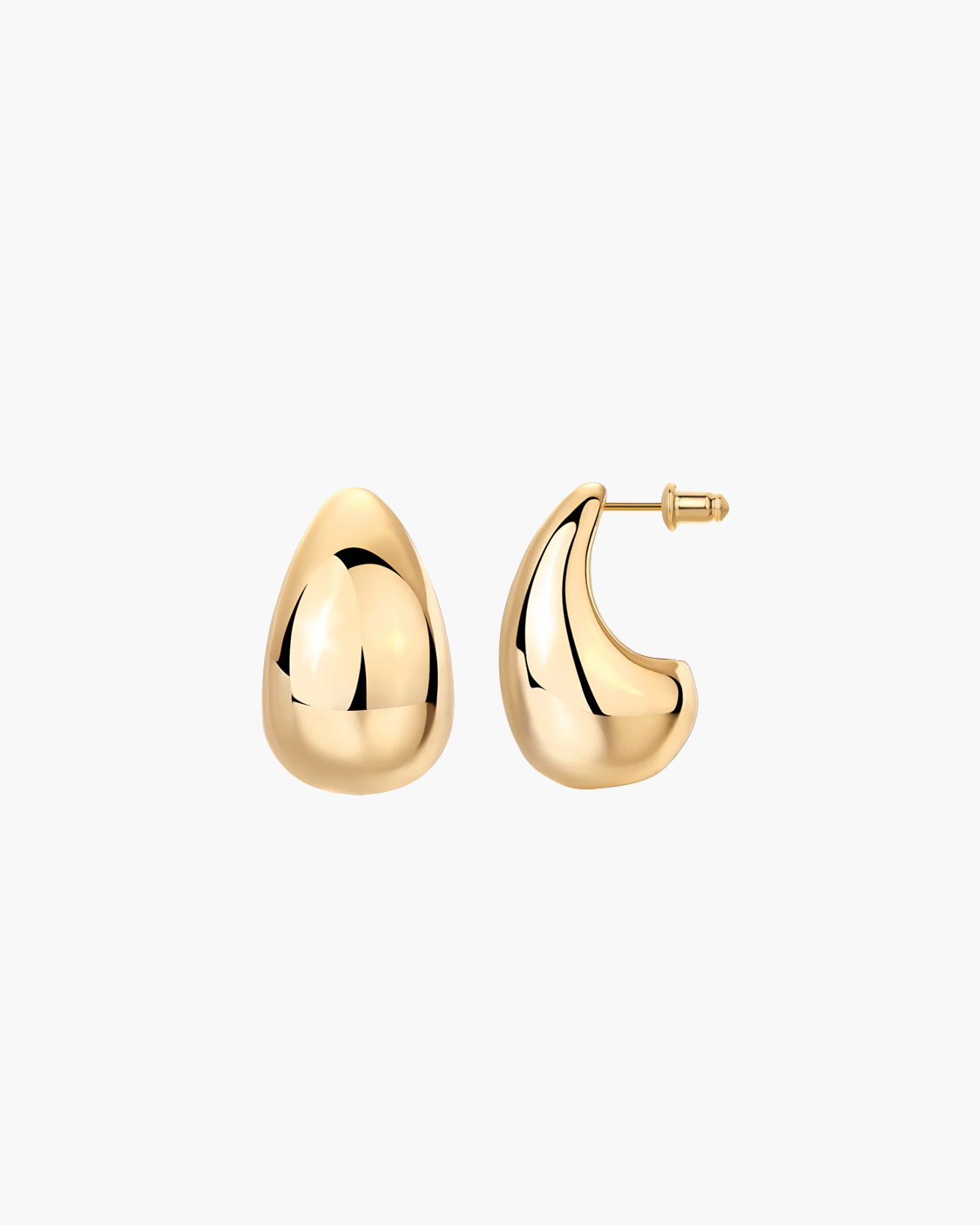Gold teardrop earrings on a white background