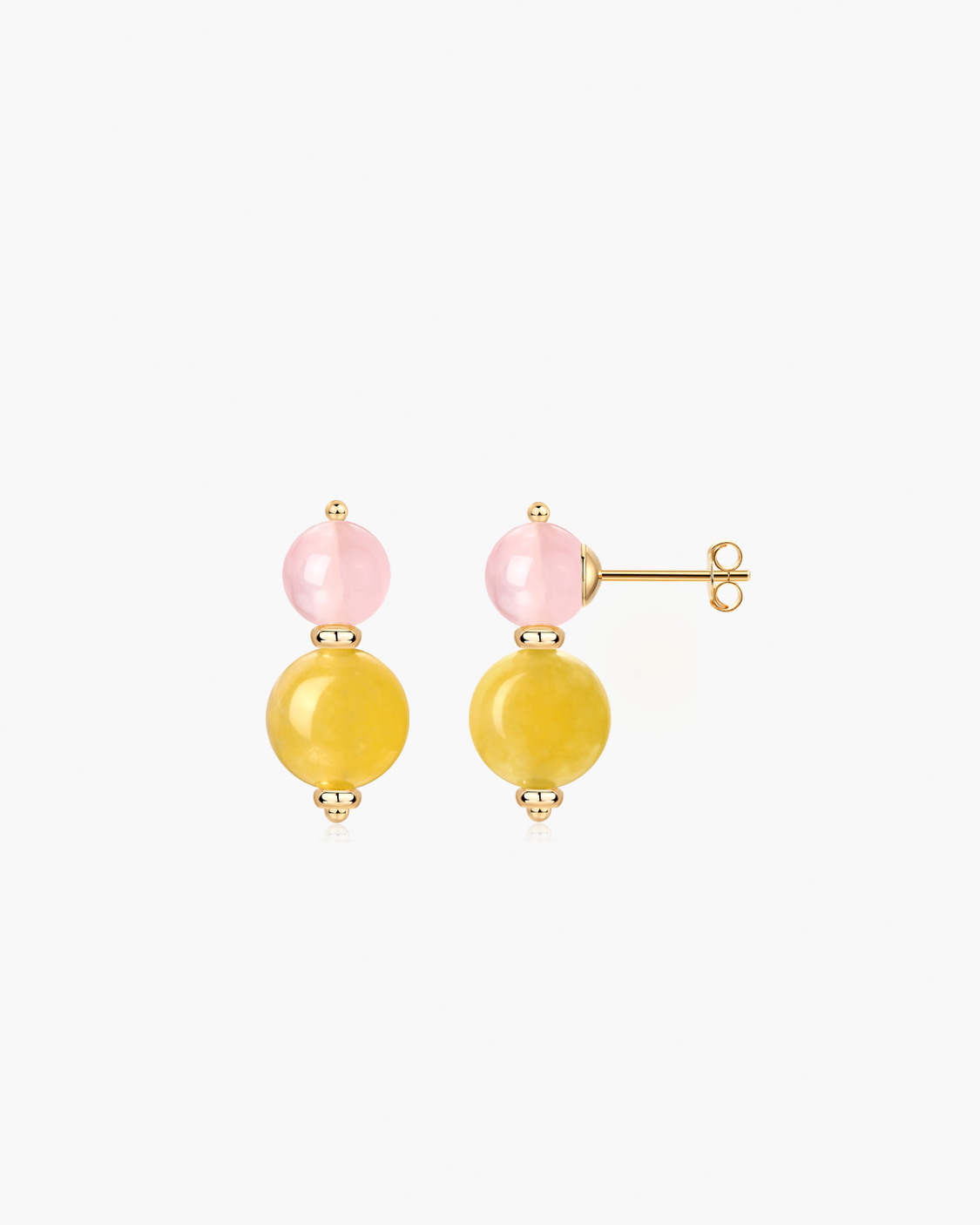 Pair of earrings with pink and orange beads on a white background