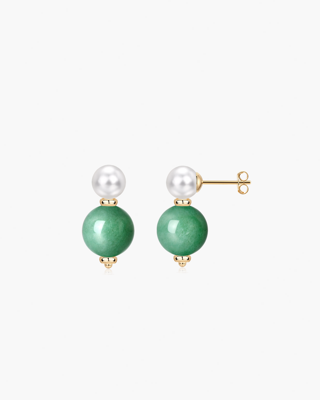 Pair of green jade pearl earrings on a white background