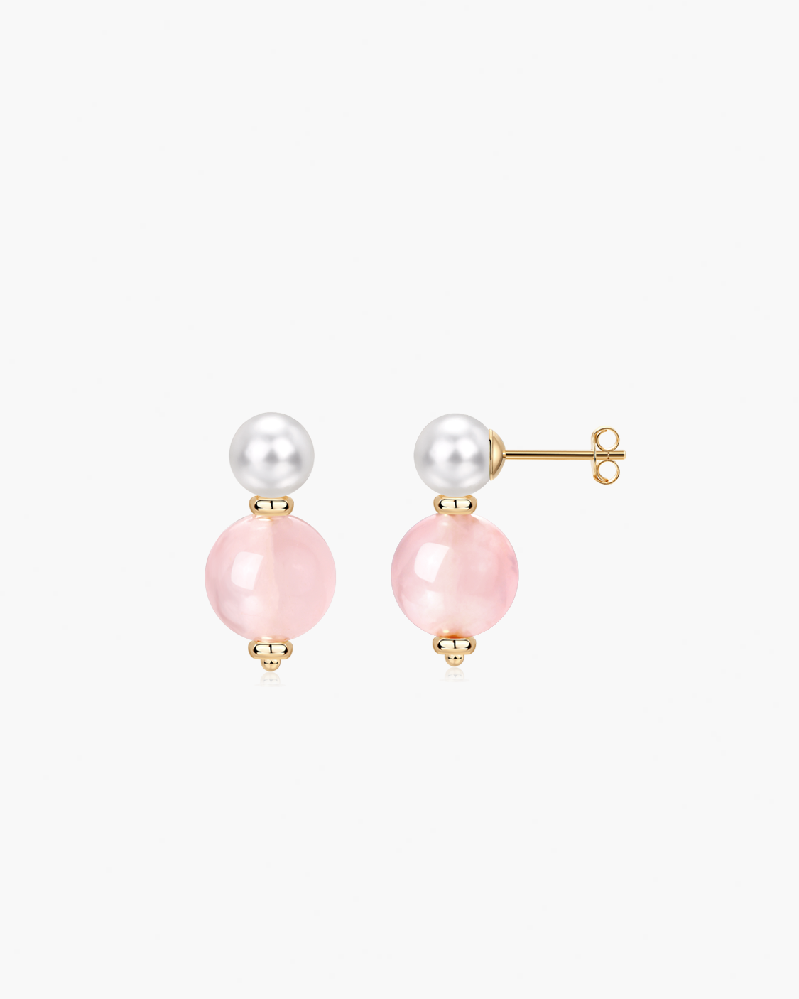 Pair of pearl and pink bead earrings on a white background