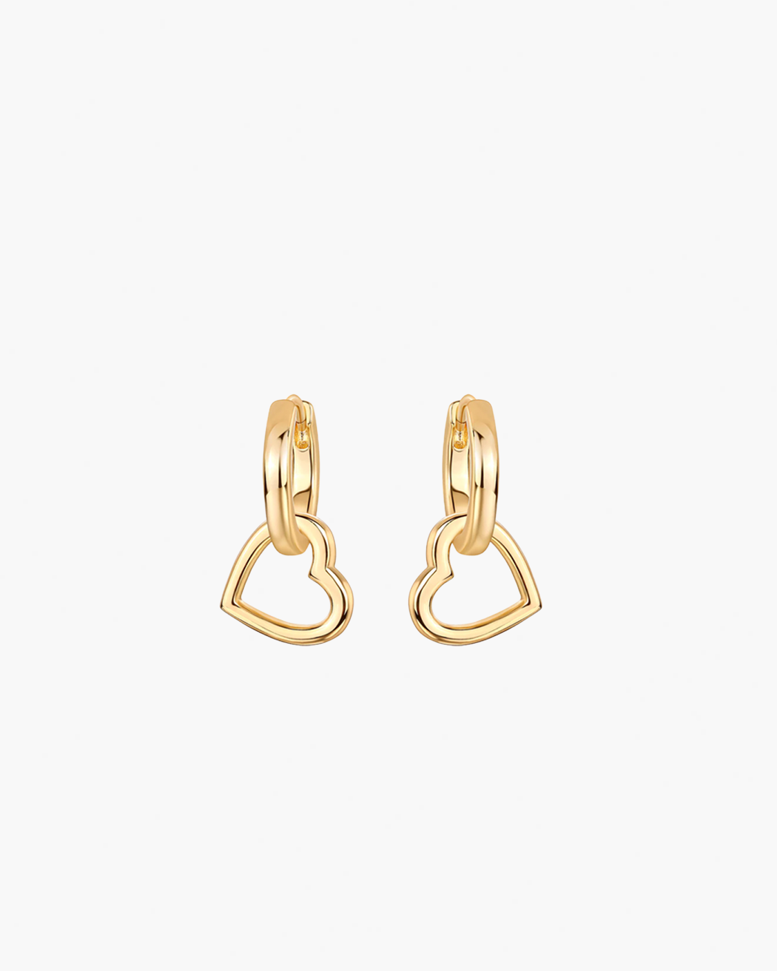 Gold heart-shaped hoop earrings on a white background