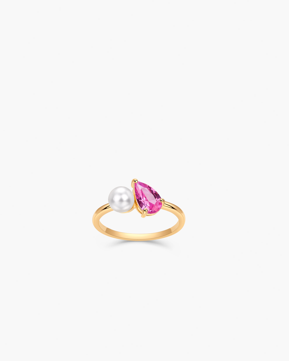 Gold ring with a pink gemstone and pearl 