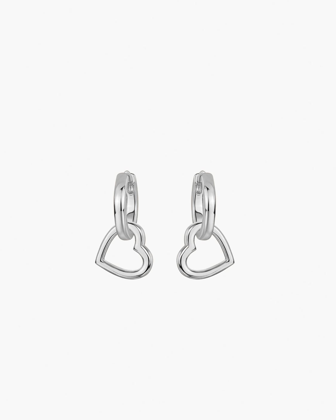 Pair of silver heart-shaped hoop earrings on a white background