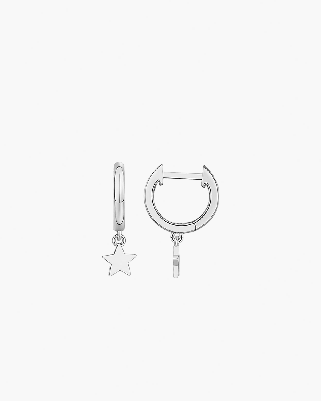 Silver hoop earrings with star charm on a white background