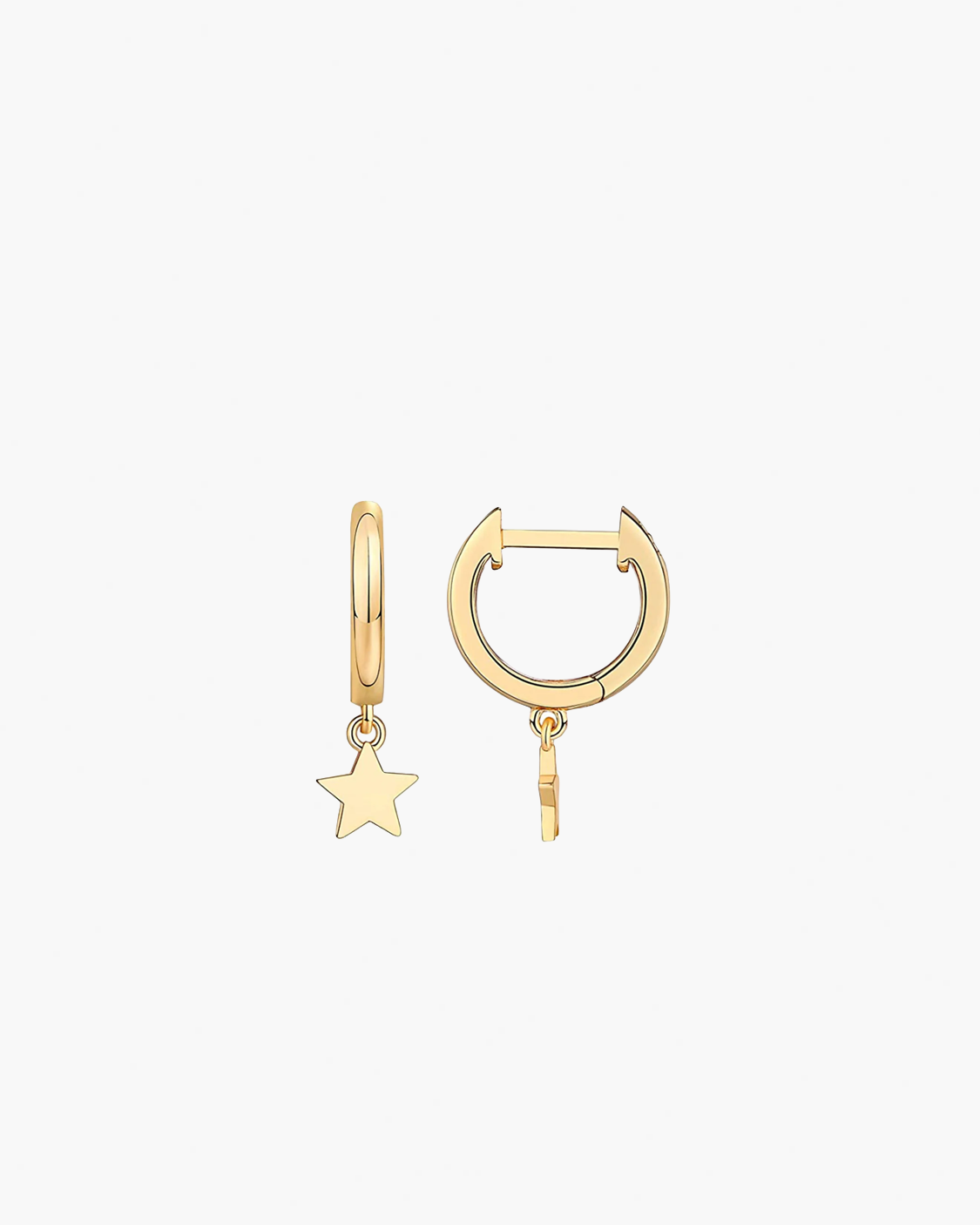 Gold hoop earrings with star and key charms on a white background