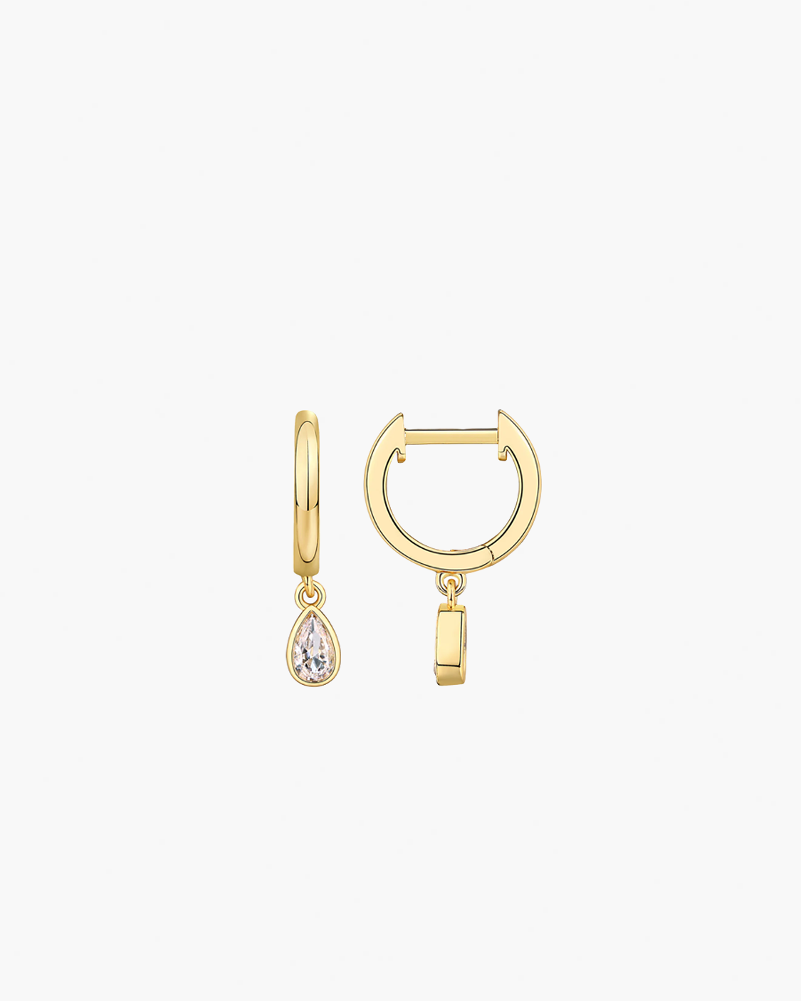 Gold hoop earrings with teardrop charm on a white background